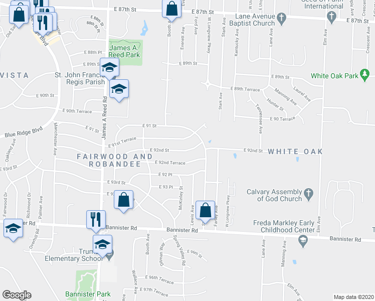 map of restaurants, bars, coffee shops, grocery stores, and more near 8700 East 92nd Street in Kansas City