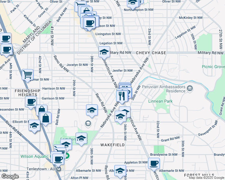 map of restaurants, bars, coffee shops, grocery stores, and more near 3700 Harrison Street Northwest in Washington