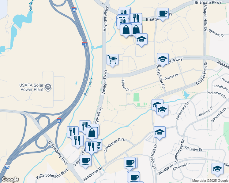 map of restaurants, bars, coffee shops, grocery stores, and more near 1855 Telstar Drive in Colorado Springs