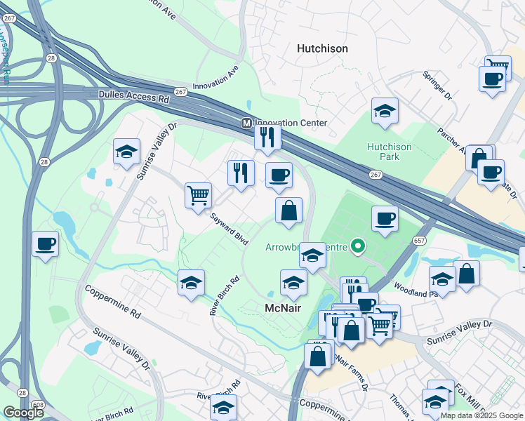 map of restaurants, bars, coffee shops, grocery stores, and more near 13655 Dulles Technology Drive in Herndon
