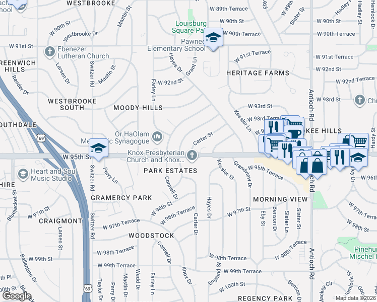 map of restaurants, bars, coffee shops, grocery stores, and more near 9595 West 95th Street in Overland Park