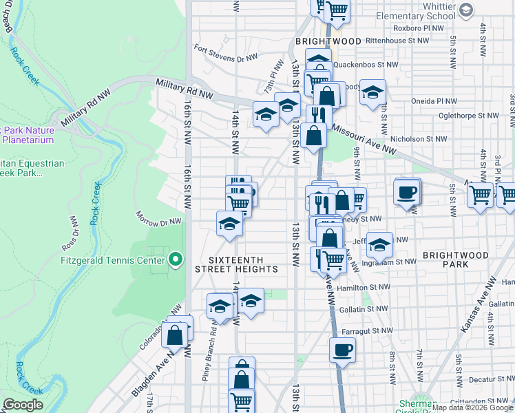 map of restaurants, bars, coffee shops, grocery stores, and more near 5521 Colorado Avenue Northwest in Washington