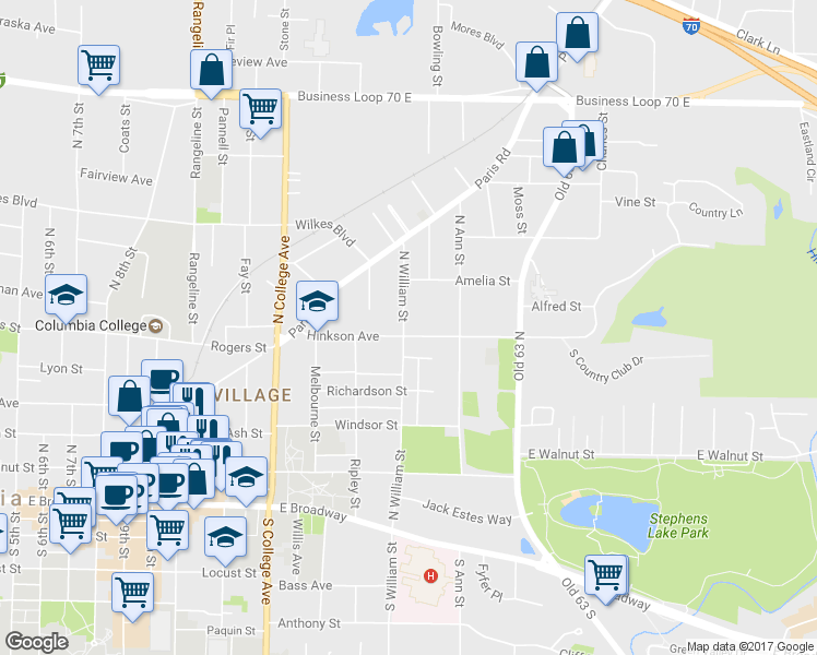 map of restaurants, bars, coffee shops, grocery stores, and more near 1606 Hinkson Avenue in Columbia