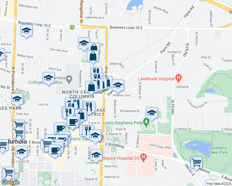 map of restaurants, bars, coffee shops, grocery stores, and more near 1312 Hinkson Avenue in Columbia