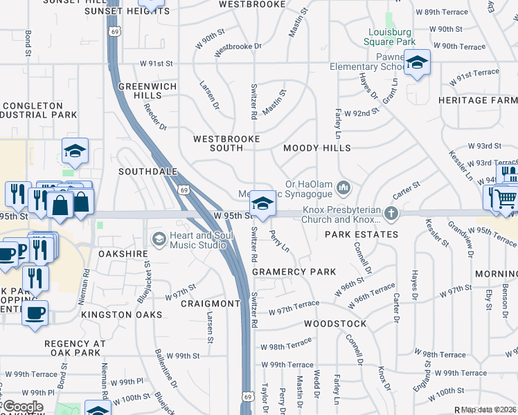 map of restaurants, bars, coffee shops, grocery stores, and more near 9444 Taylor Drive in Overland Park