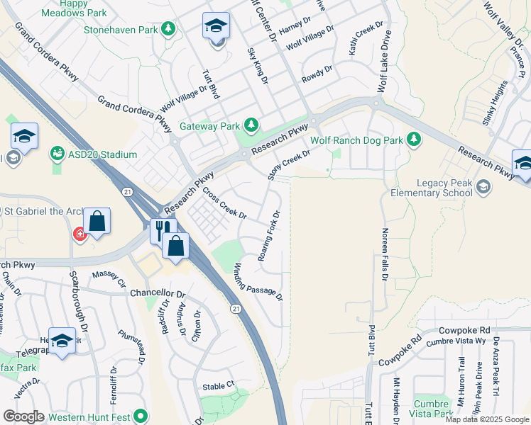 map of restaurants, bars, coffee shops, grocery stores, and more near 8723 Stony Creek Drive in Colorado Springs