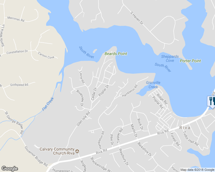 map of restaurants, bars, coffee shops, grocery stores, and more near 546 Poplar Drive in Riva