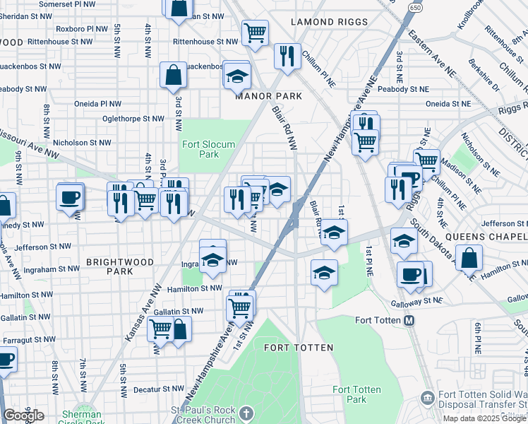 map of restaurants, bars, coffee shops, grocery stores, and more near 31 Kennedy Street Northwest in Washington