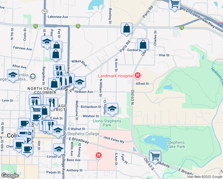 map of restaurants, bars, coffee shops, grocery stores, and more near 1615 Hinkson Avenue in Columbia