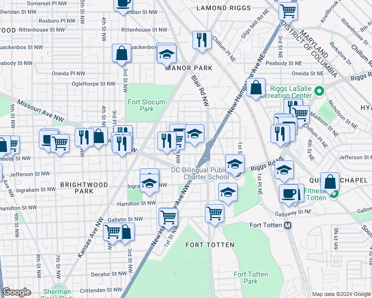 map of restaurants, bars, coffee shops, grocery stores, and more near 31 Kennedy Street Northwest in Washington
