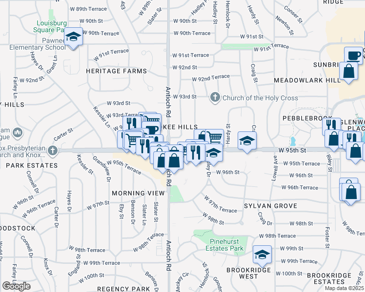 map of restaurants, bars, coffee shops, grocery stores, and more near 8601 West 95th Street in Overland Park