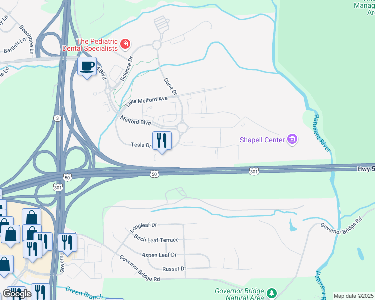 map of restaurants, bars, coffee shops, grocery stores, and more near 5001 Howerton Way in Bowie