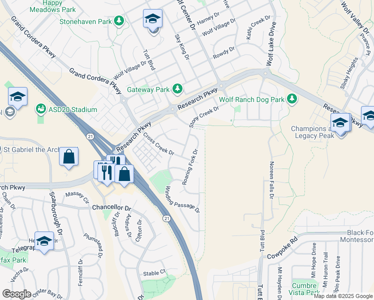 map of restaurants, bars, coffee shops, grocery stores, and more near 8723 Stony Creek Drive in Colorado Springs
