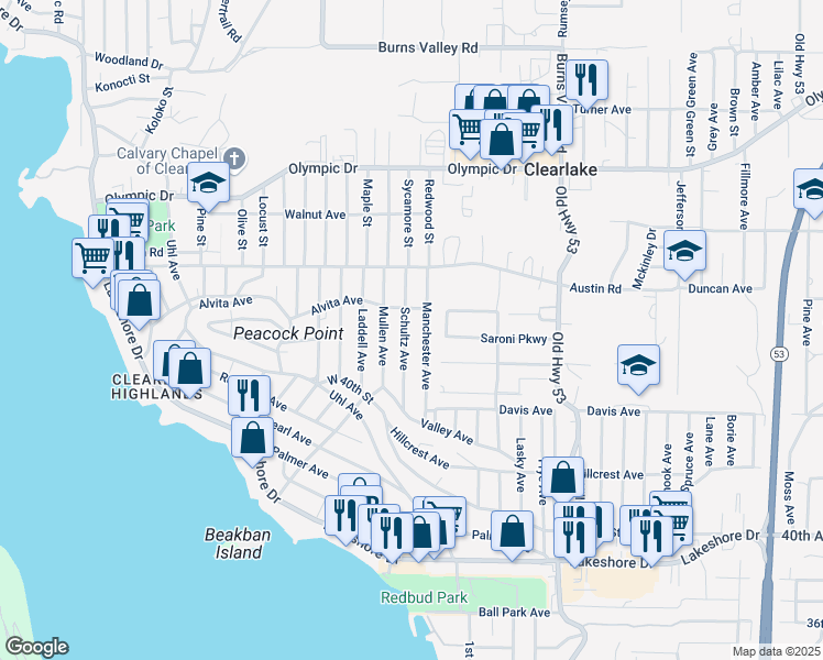 map of restaurants, bars, coffee shops, grocery stores, and more near 3862 Schultz Avenue in Clearlake