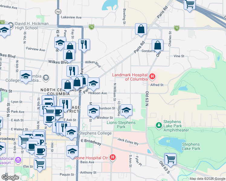 map of restaurants, bars, coffee shops, grocery stores, and more near 1508 Hinkson Avenue in Columbia