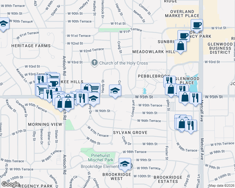 map of restaurants, bars, coffee shops, grocery stores, and more near 9435 Craig Drive in Overland Park