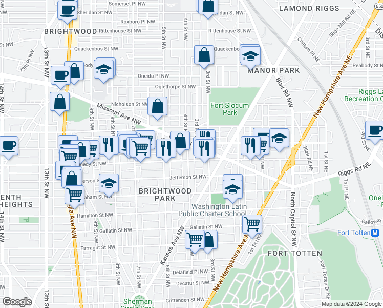 map of restaurants, bars, coffee shops, grocery stores, and more near 5513 4th Street Northwest in Washington
