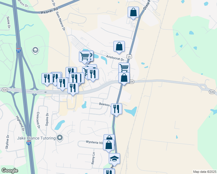 map of restaurants, bars, coffee shops, grocery stores, and more near 160 Hughes Drive in Florence