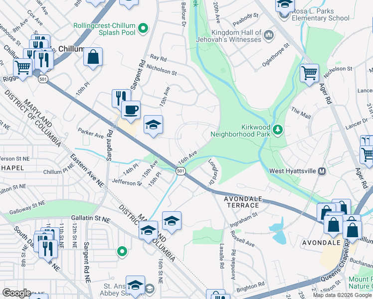 map of restaurants, bars, coffee shops, grocery stores, and more near 5603 Cypress Creek Drive in Chillum