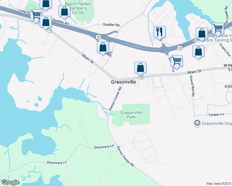 map of restaurants, bars, coffee shops, grocery stores, and more near 208 Perrys Corner Road in Grasonville
