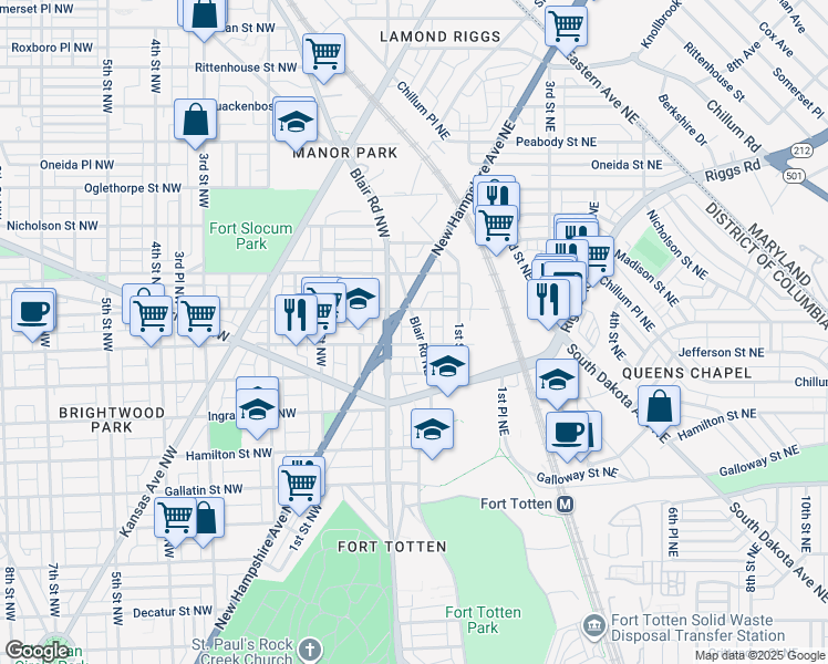 map of restaurants, bars, coffee shops, grocery stores, and more near 5506 Blair Road Northeast in Washington