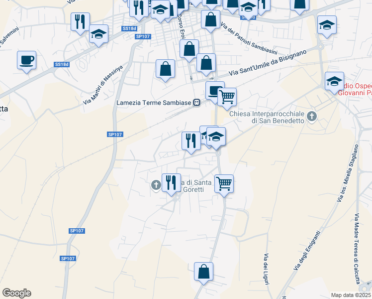 map of restaurants, bars, coffee shops, grocery stores, and more near 17 Via Pietro Mascagni in Lamezia Terme