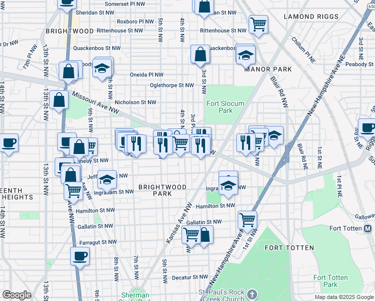 map of restaurants, bars, coffee shops, grocery stores, and more near 5513 4th Street Northwest in Washington