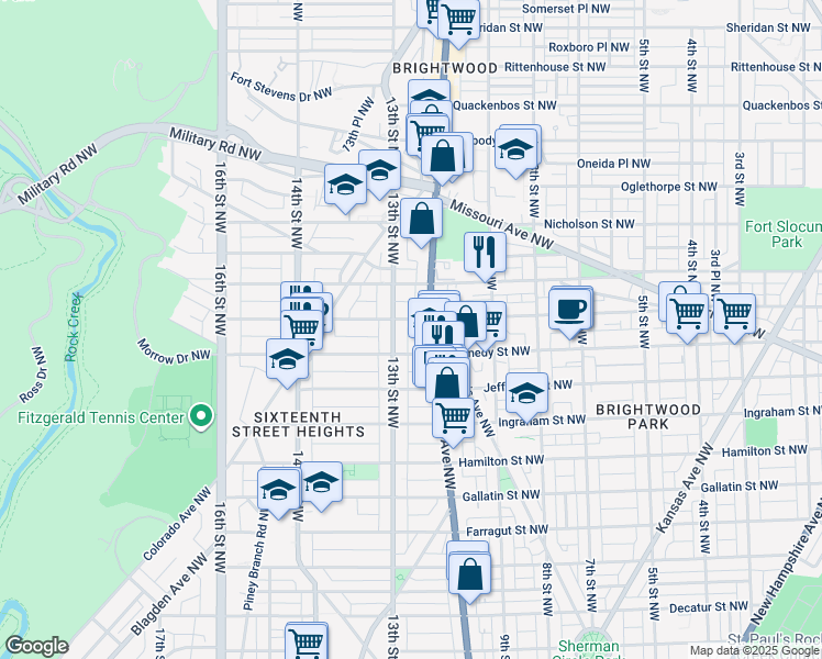map of restaurants, bars, coffee shops, grocery stores, and more near 1220 Longfellow Street Northwest in Washington