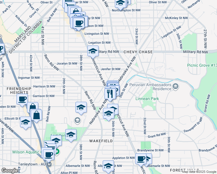 map of restaurants, bars, coffee shops, grocery stores, and more near 5111 Connecticut Avenue Northwest in Washington