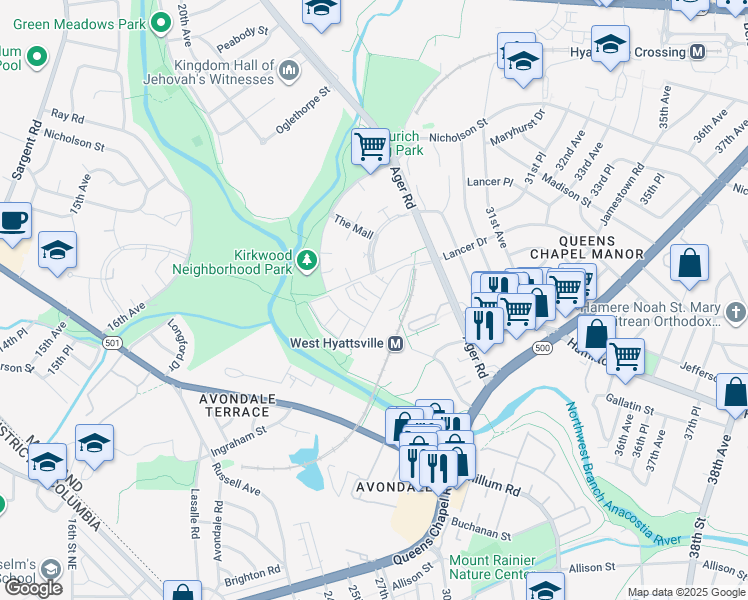 map of restaurants, bars, coffee shops, grocery stores, and more near 5620 Ager Road in Hyattsville