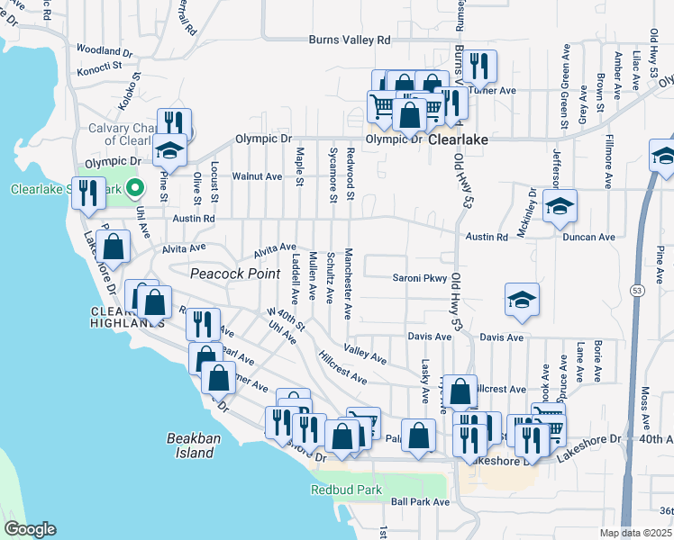 map of restaurants, bars, coffee shops, grocery stores, and more near 3862 Schultz Avenue in Clearlake