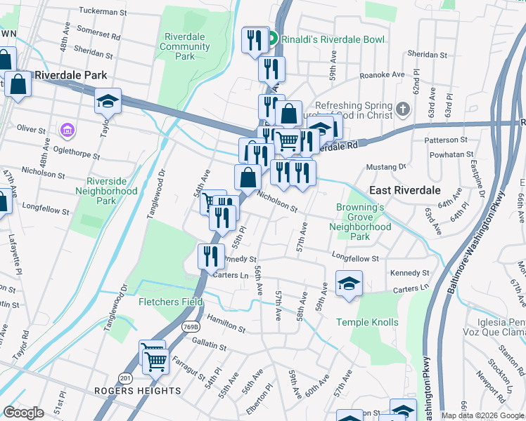 map of restaurants, bars, coffee shops, grocery stores, and more near 5510 Madison St in RIVERDALE