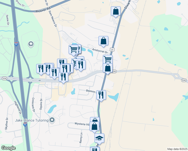 map of restaurants, bars, coffee shops, grocery stores, and more near 160 Hughes Drive in Florence