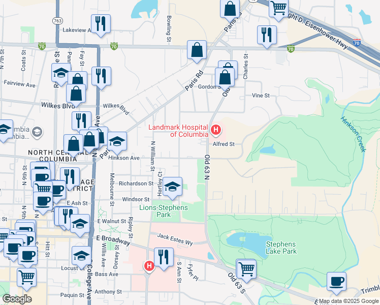 map of restaurants, bars, coffee shops, grocery stores, and more near 381-499 Old U.S. 63 in Columbia