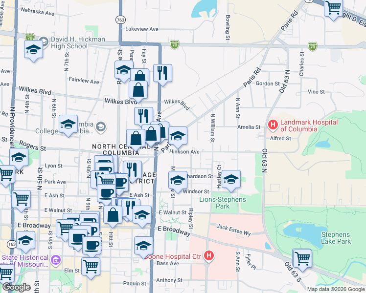 map of restaurants, bars, coffee shops, grocery stores, and more near 1410 Hinkson Avenue in Columbia