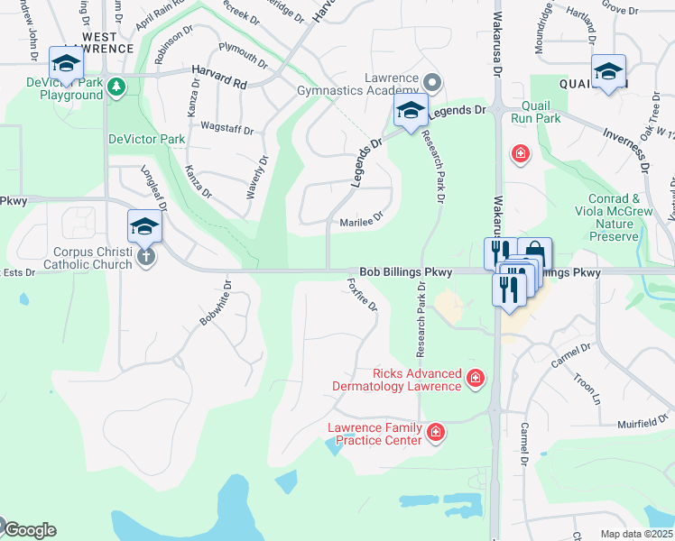 map of restaurants, bars, coffee shops, grocery stores, and more near 1501 Brink Ct in Lawrence