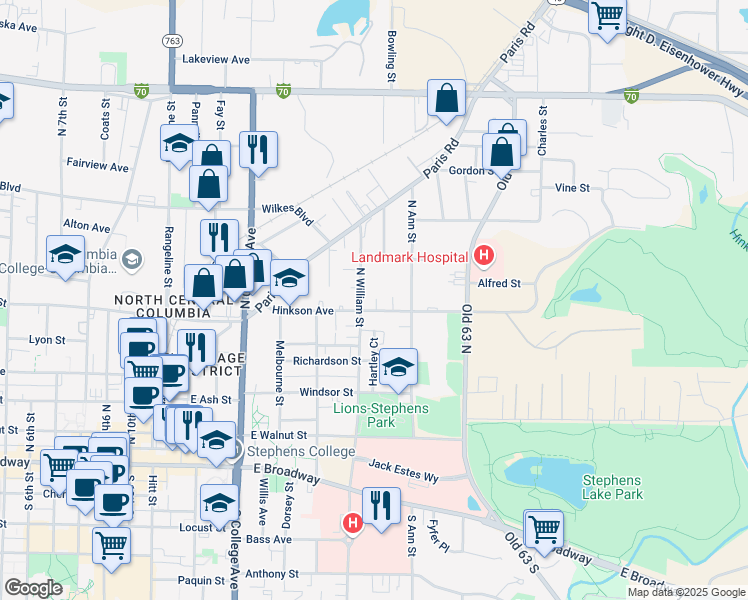 map of restaurants, bars, coffee shops, grocery stores, and more near 1606 Hinkson Avenue in Columbia