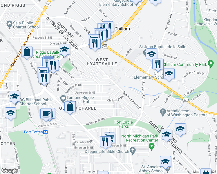 map of restaurants, bars, coffee shops, grocery stores, and more near 823 Kennedy Street Northeast in Washington