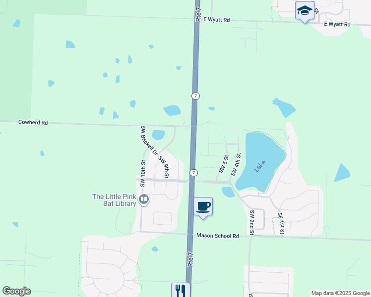 map of restaurants, bars, coffee shops, grocery stores, and more near 8724 Highway 7 in Blue Springs
