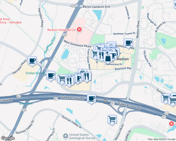 map of restaurants, bars, coffee shops, grocery stores, and more near 1984 Crescent Park Drive in Reston