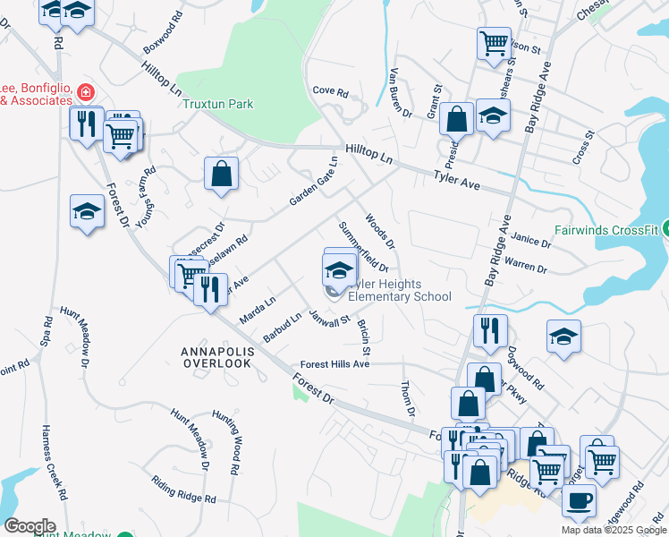 map of restaurants, bars, coffee shops, grocery stores, and more near 1181 Tyler Avenue in Annapolis