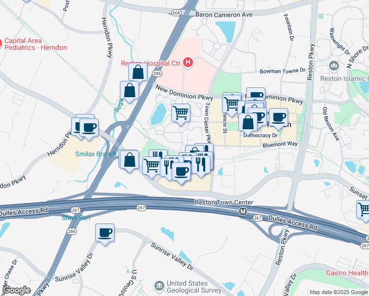 map of restaurants, bars, coffee shops, grocery stores, and more near 1902 Crescent Park Drive in Reston