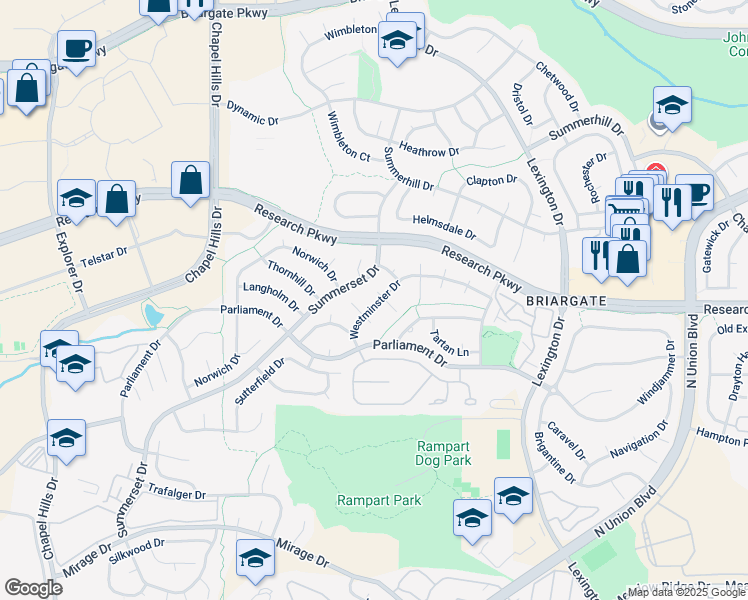 map of restaurants, bars, coffee shops, grocery stores, and more near 2635 Kenton Green Court in Colorado Springs