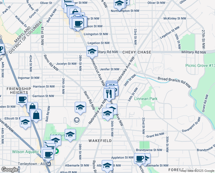 map of restaurants, bars, coffee shops, grocery stores, and more near 5111 Connecticut Avenue Northwest in Washington