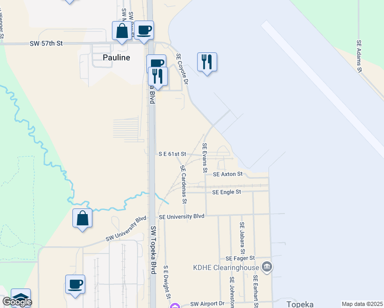 map of restaurants, bars, coffee shops, grocery stores, and more near South East 61st Street in Topeka