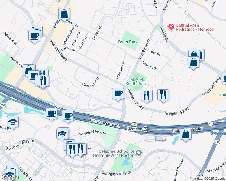 map of restaurants, bars, coffee shops, grocery stores, and more near 292 Missouri Avenue in Herndon