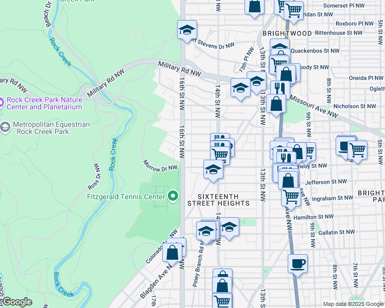 map of restaurants, bars, coffee shops, grocery stores, and more near 1436 Longfellow Street Northwest in Washington