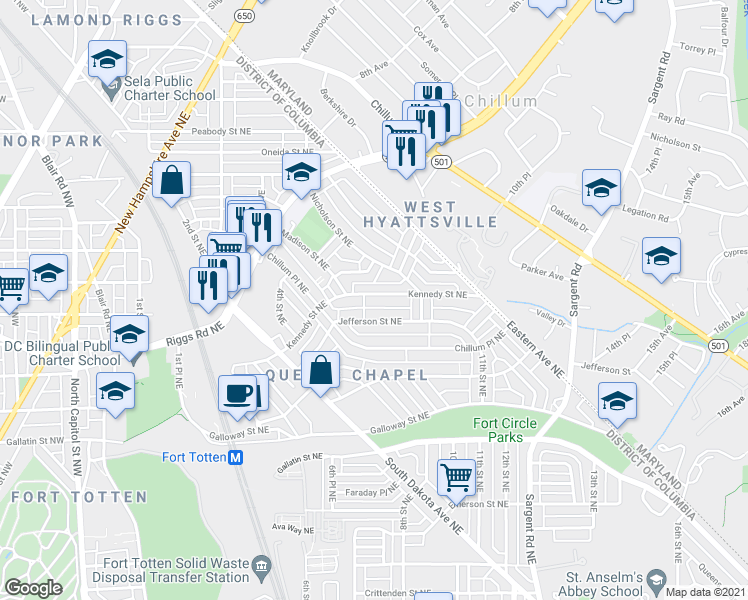 map of restaurants, bars, coffee shops, grocery stores, and more near 715 Kennedy Street Northeast in Washington