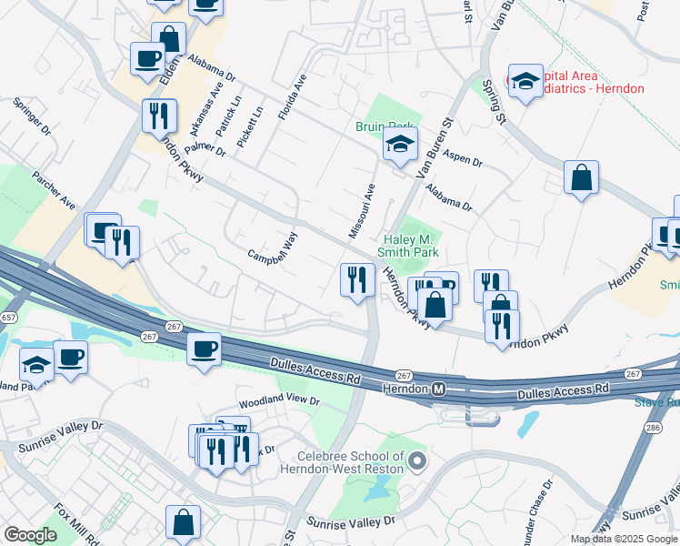 map of restaurants, bars, coffee shops, grocery stores, and more near 292 Missouri Avenue in Herndon