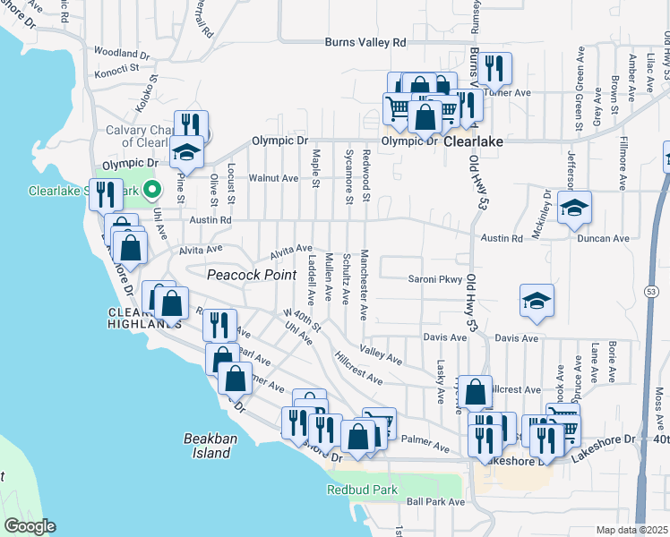 map of restaurants, bars, coffee shops, grocery stores, and more near 3850 Mullen Avenue in Clearlake